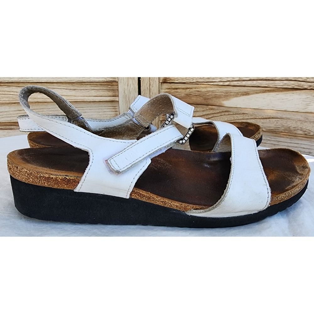 Naot EU 41 US‎ 9.5 10 White Leather Wedge Slingback Sandal Rhinestone Buckle